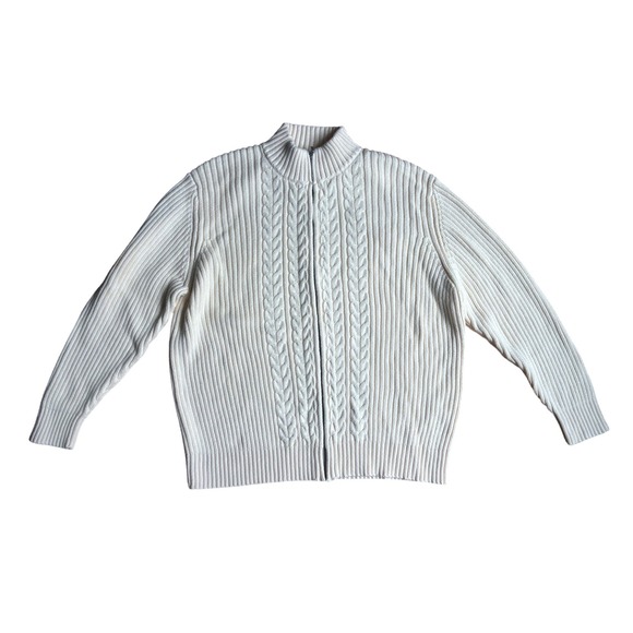 Lands' End Sweaters - Lands End Womens 2X Ivory Cotton Cable Knit Full Zip Cardigan Sweater Japan Made
